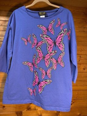 Bob Mackie wearable art Purple Tee with pink butterflies